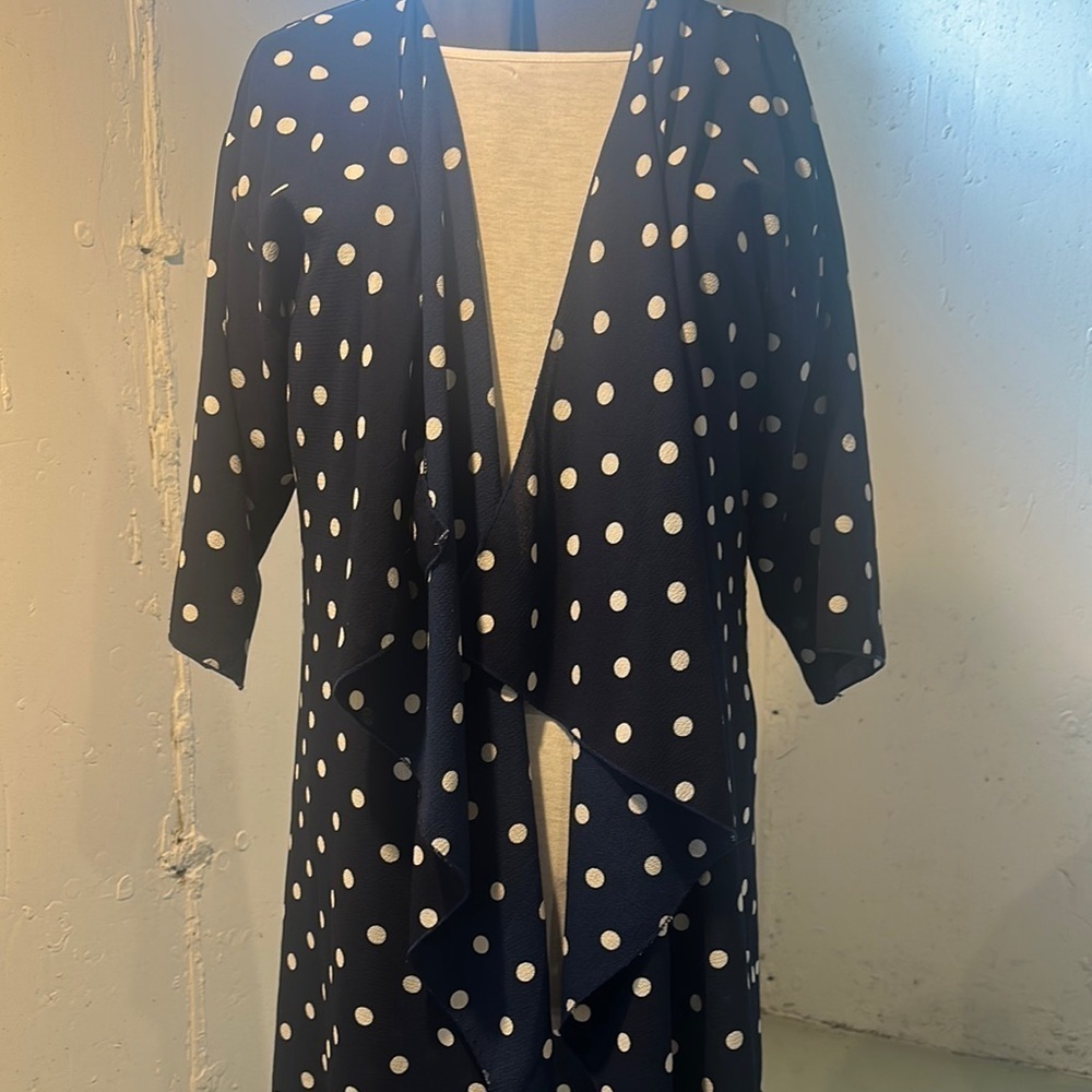 Lularoe Navy and white Polka Dot Cardigan shawl open from elbow length oversized